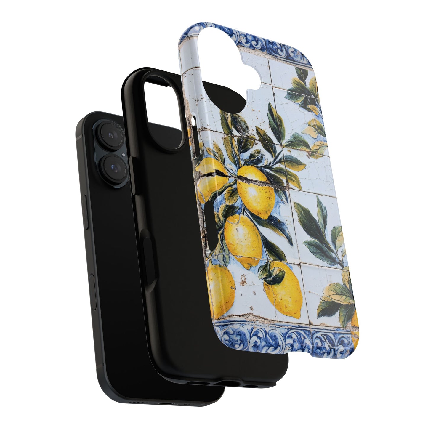 Phone Case, Coastal Tough Case With Lemons in Distressed Ceramic Tile Design, Protective Cover, Summer Accessory, Mediterranean Style iPhone
