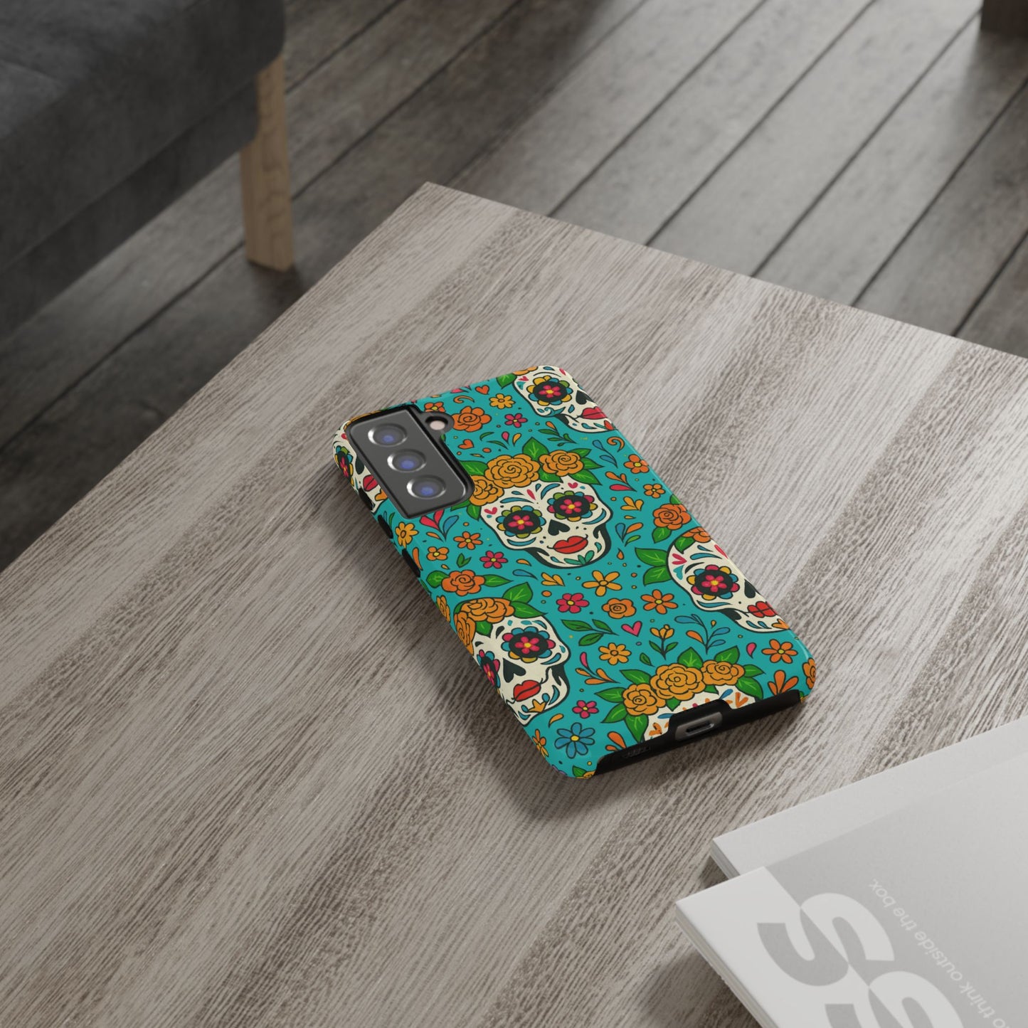 Teal Mexican Style Phone Cases With Floral Skulls - Dia De Los Muertos