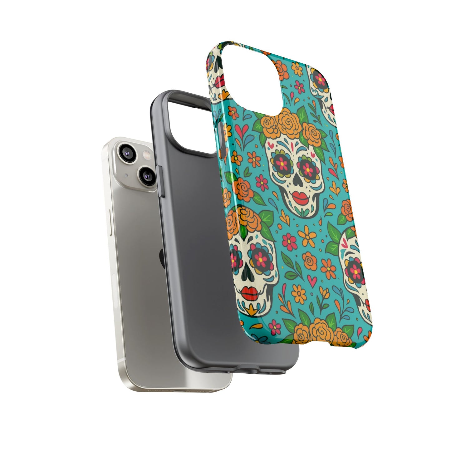 Teal Mexican Style Phone Cases With Floral Skulls - Dia De Los Muertos