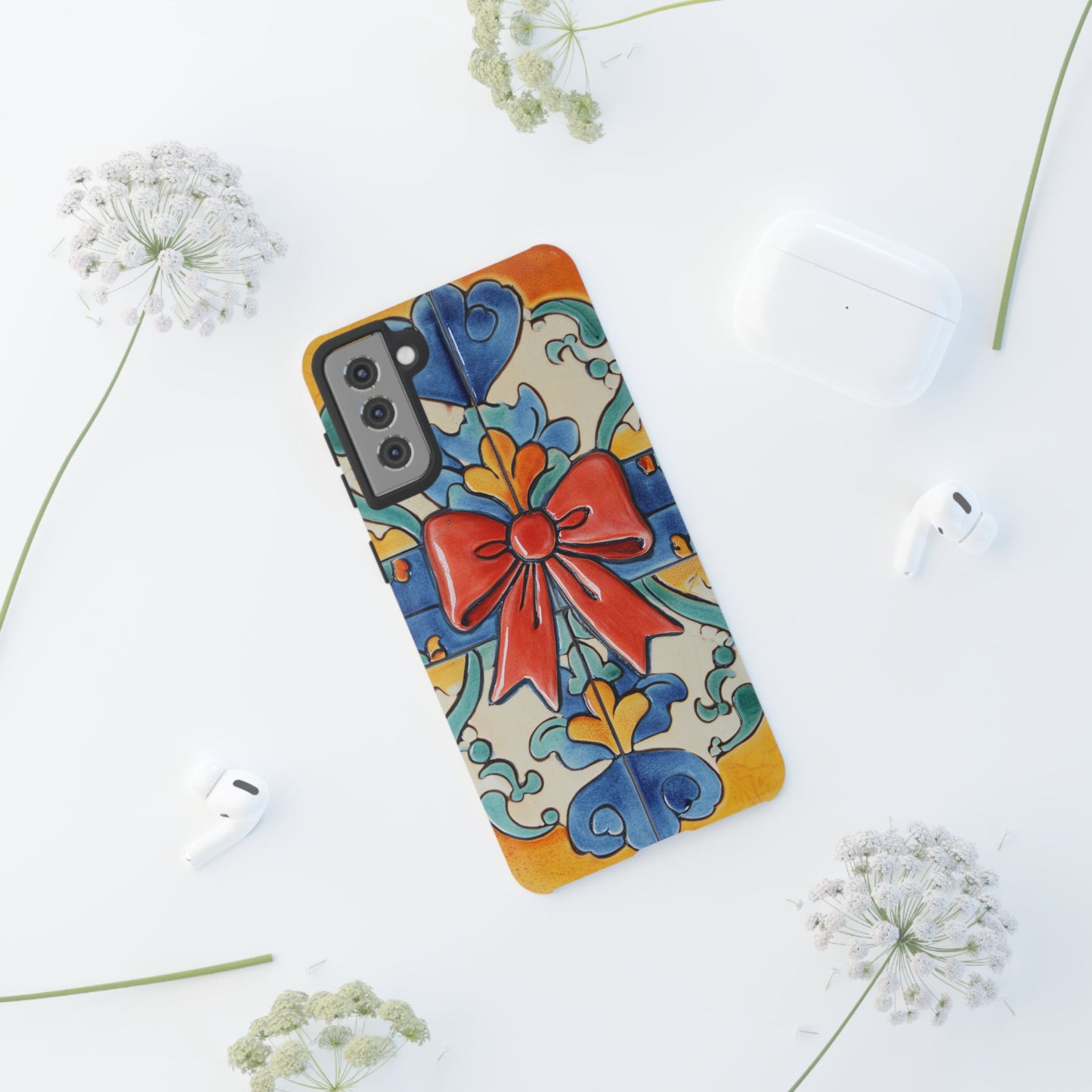 Colourful Ceramic Tile Design Phone Case With Red Bow