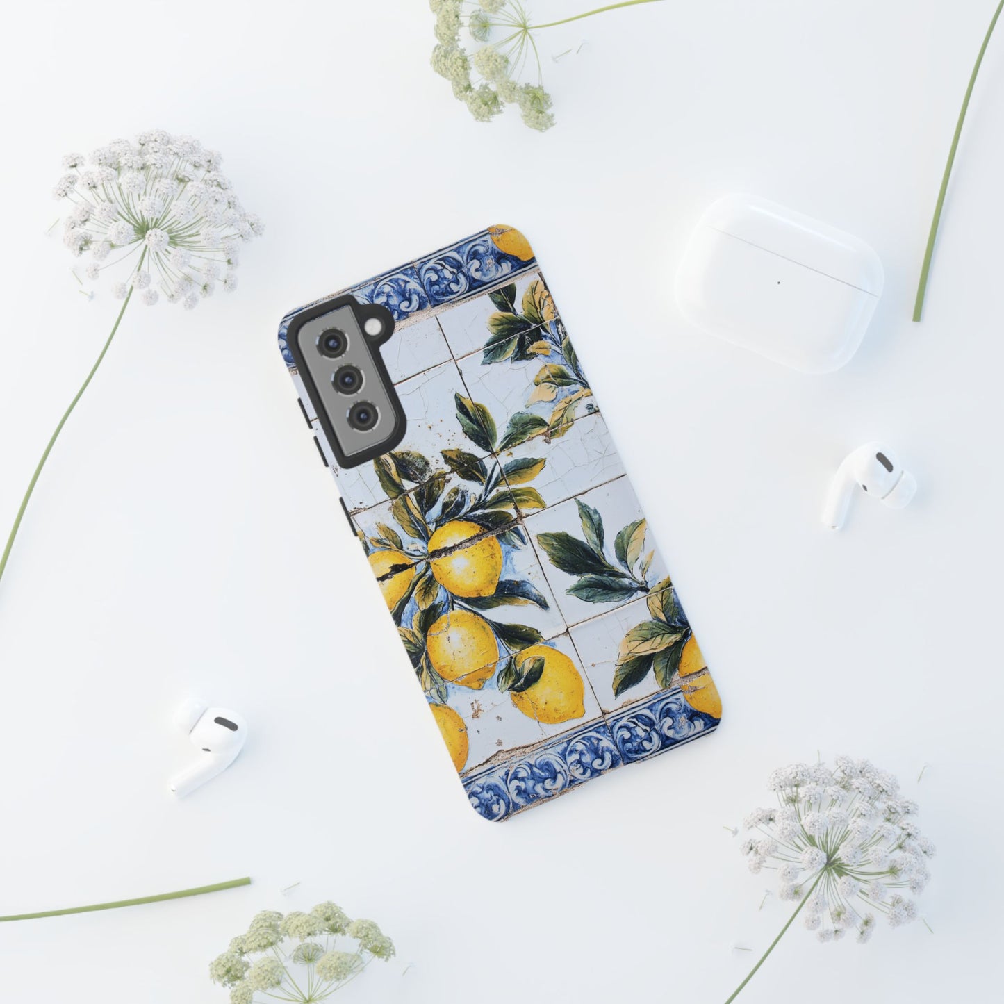 Phone Case, Coastal Tough Case With Lemons in Distressed Ceramic Tile Design, Protective Cover, Summer Accessory, Mediterranean Style iPhone