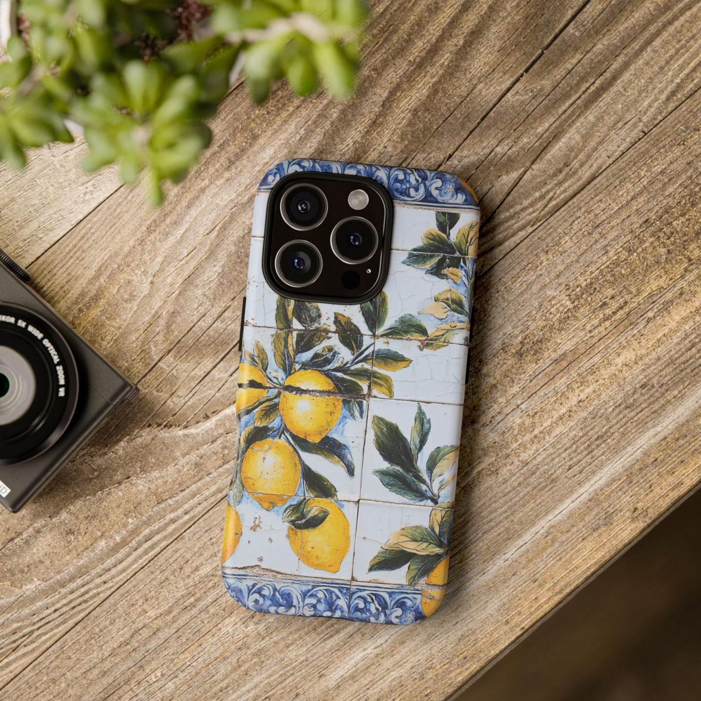 Phone Case, Coastal Tough Case With Lemons in Distressed Ceramic Tile Design, Protective Cover, Summer Accessory, Mediterranean Style iPhone