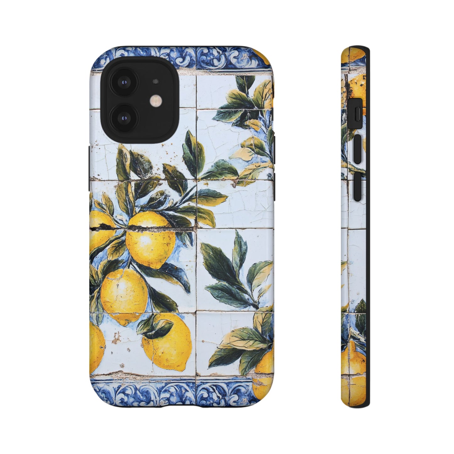 Phone Case, Coastal Tough Case With Lemons in Distressed Ceramic Tile Design, Protective Cover, Summer Accessory, Mediterranean Style iPhone