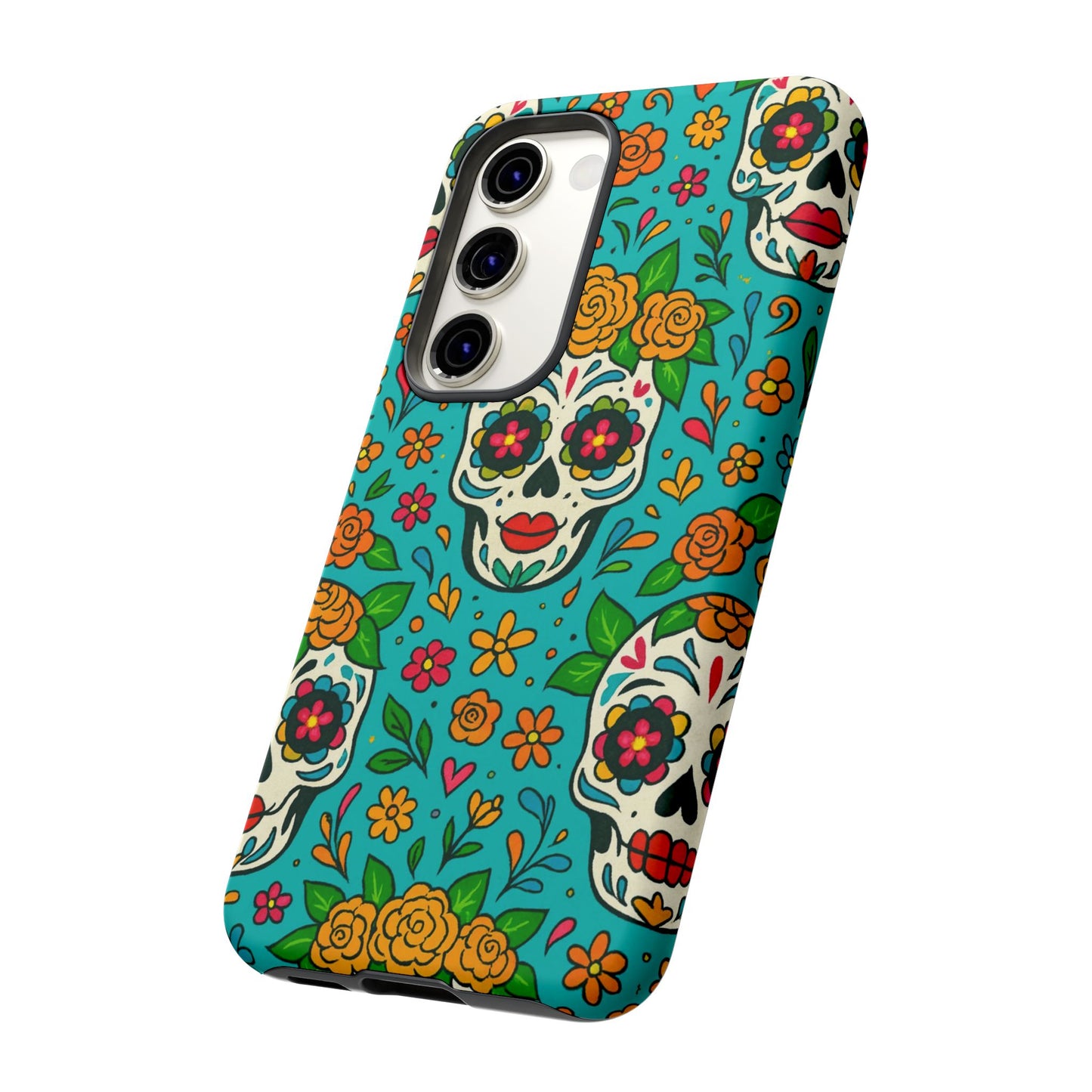 Teal Mexican Style Phone Cases With Floral Skulls - Dia De Los Muertos