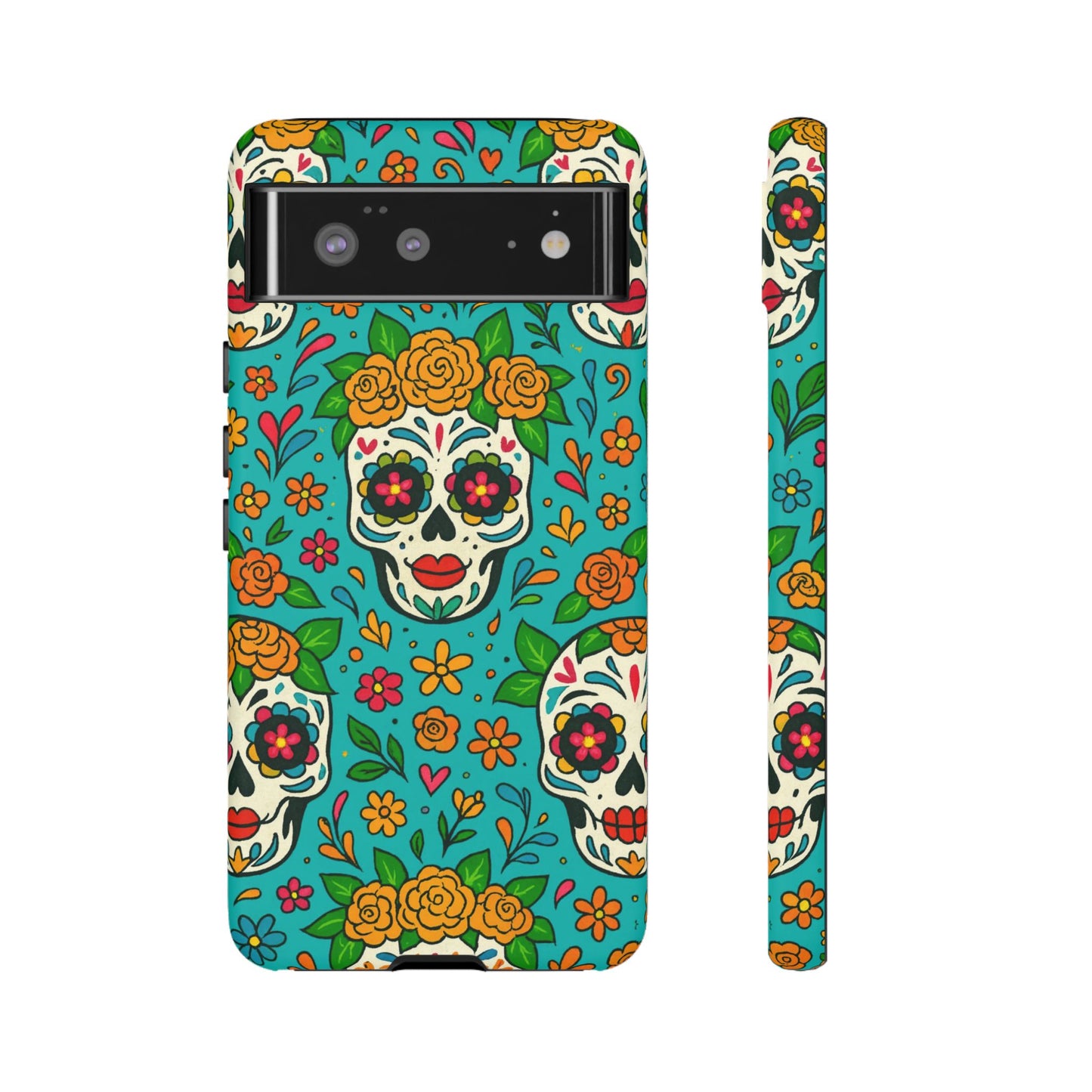 Teal Mexican Style Phone Cases With Floral Skulls - Dia De Los Muertos