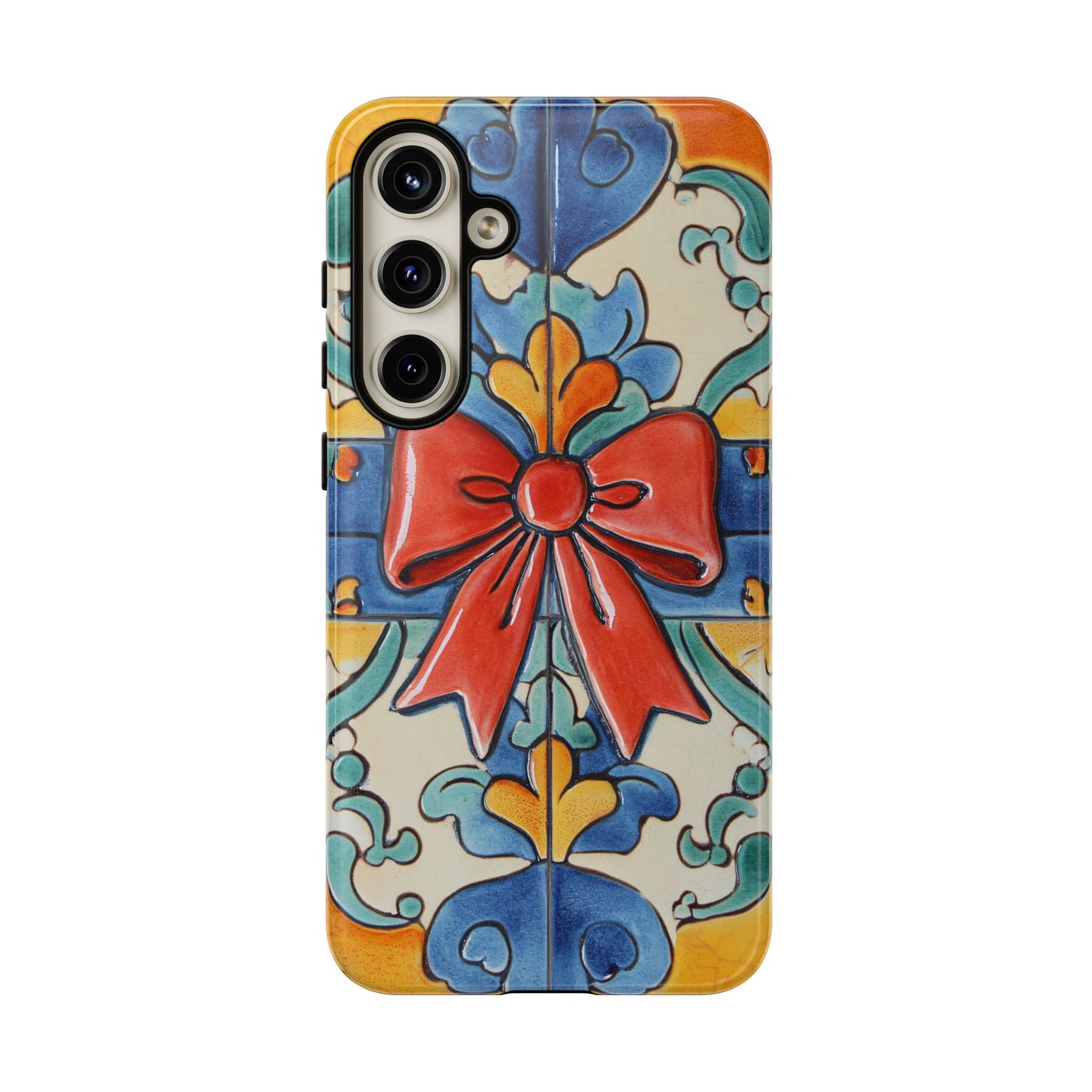 Colourful Ceramic Tile Design Phone Case With Red Bow
