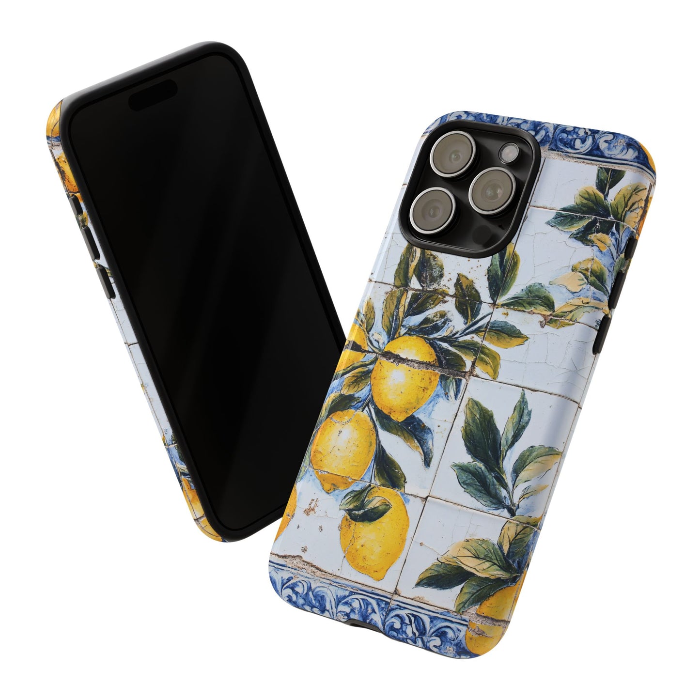 Phone Case, Coastal Tough Case With Lemons in Distressed Ceramic Tile Design, Protective Cover, Summer Accessory, Mediterranean Style iPhone