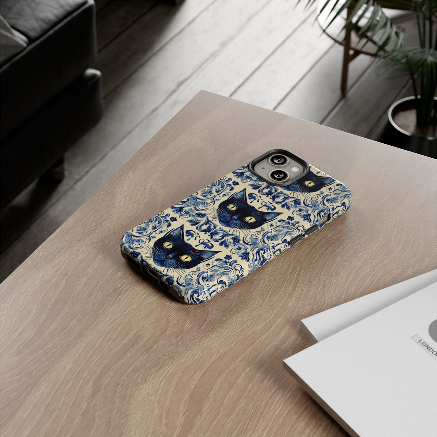 Tough Phone Case - Mediterranean Tile Motif With Blue Cats