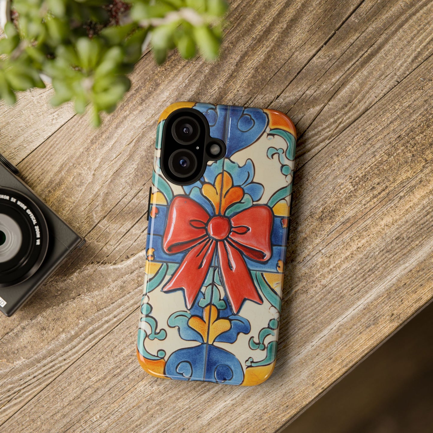 Colourful Ceramic Tile Design Phone Case With Red Bow