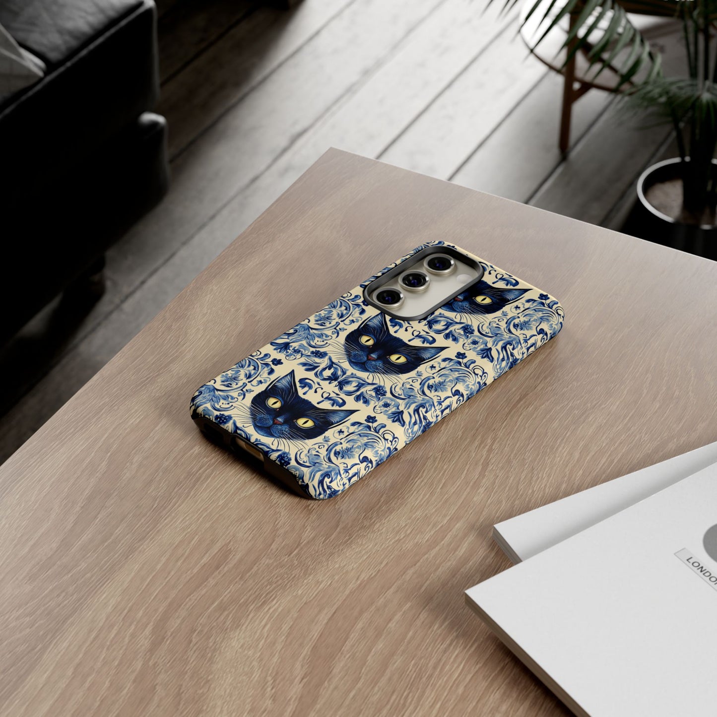 Tough Phone Case - Mediterranean Tile Motif With Blue Cats