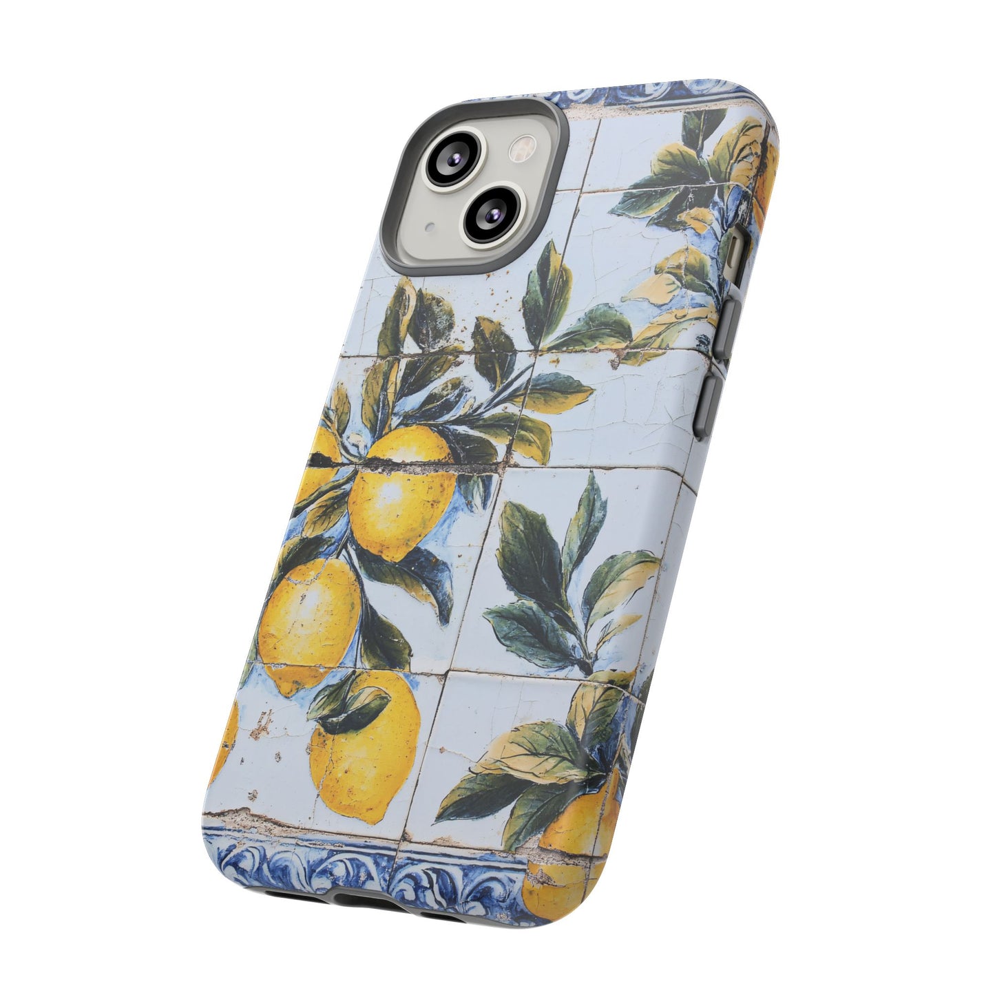 Phone Case, Coastal Tough Case With Lemons in Distressed Ceramic Tile Design, Protective Cover, Summer Accessory, Mediterranean Style iPhone