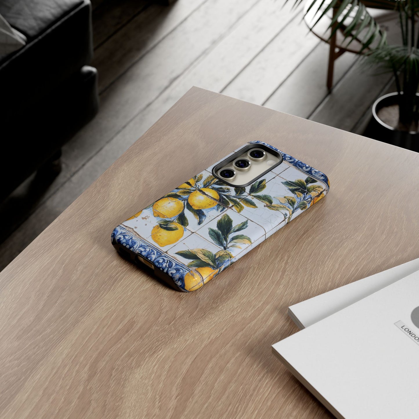 Phone Case, Coastal Tough Case With Lemons in Distressed Ceramic Tile Design, Protective Cover, Summer Accessory, Mediterranean Style iPhone
