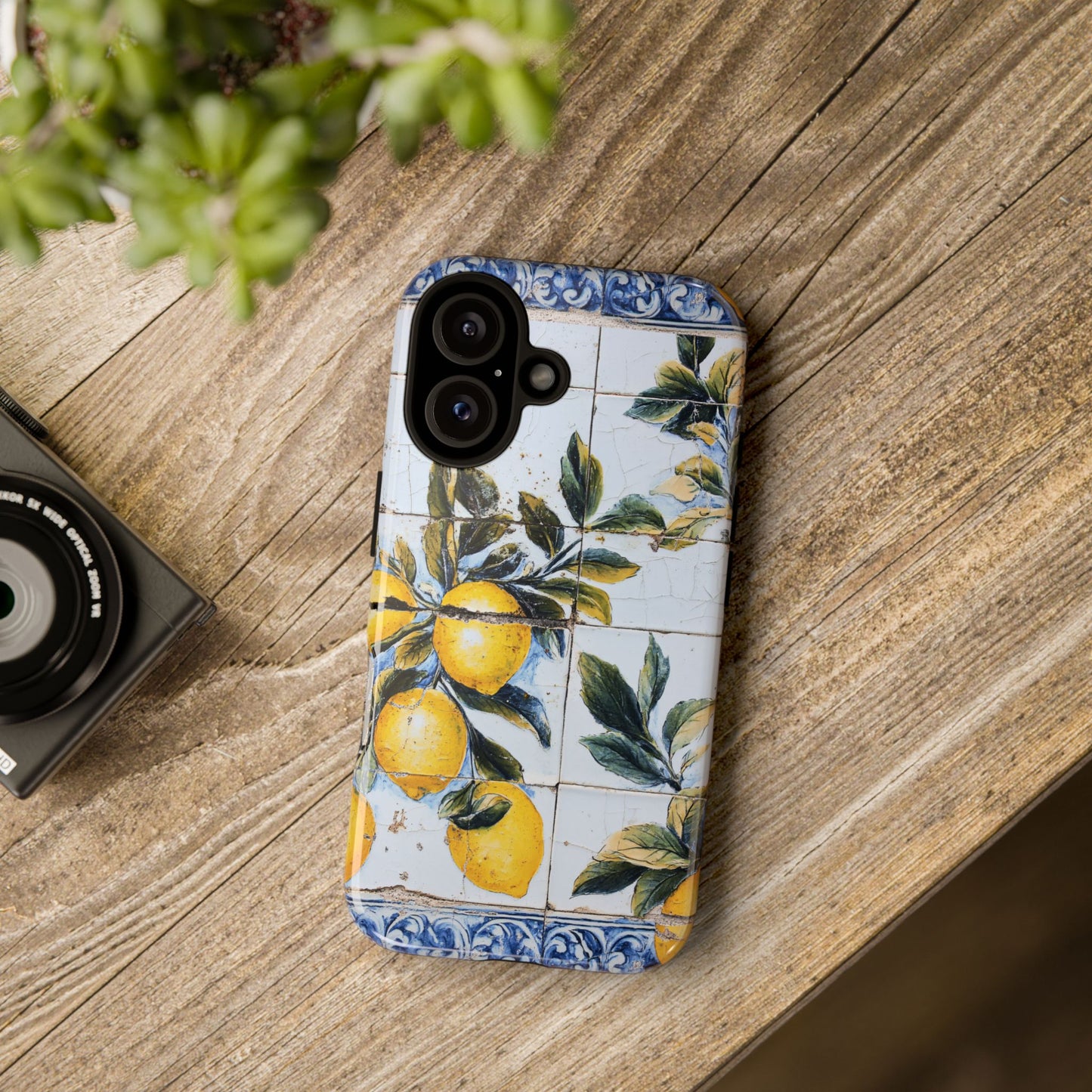 Phone Case, Coastal Tough Case With Lemons in Distressed Ceramic Tile Design, Protective Cover, Summer Accessory, Mediterranean Style iPhone