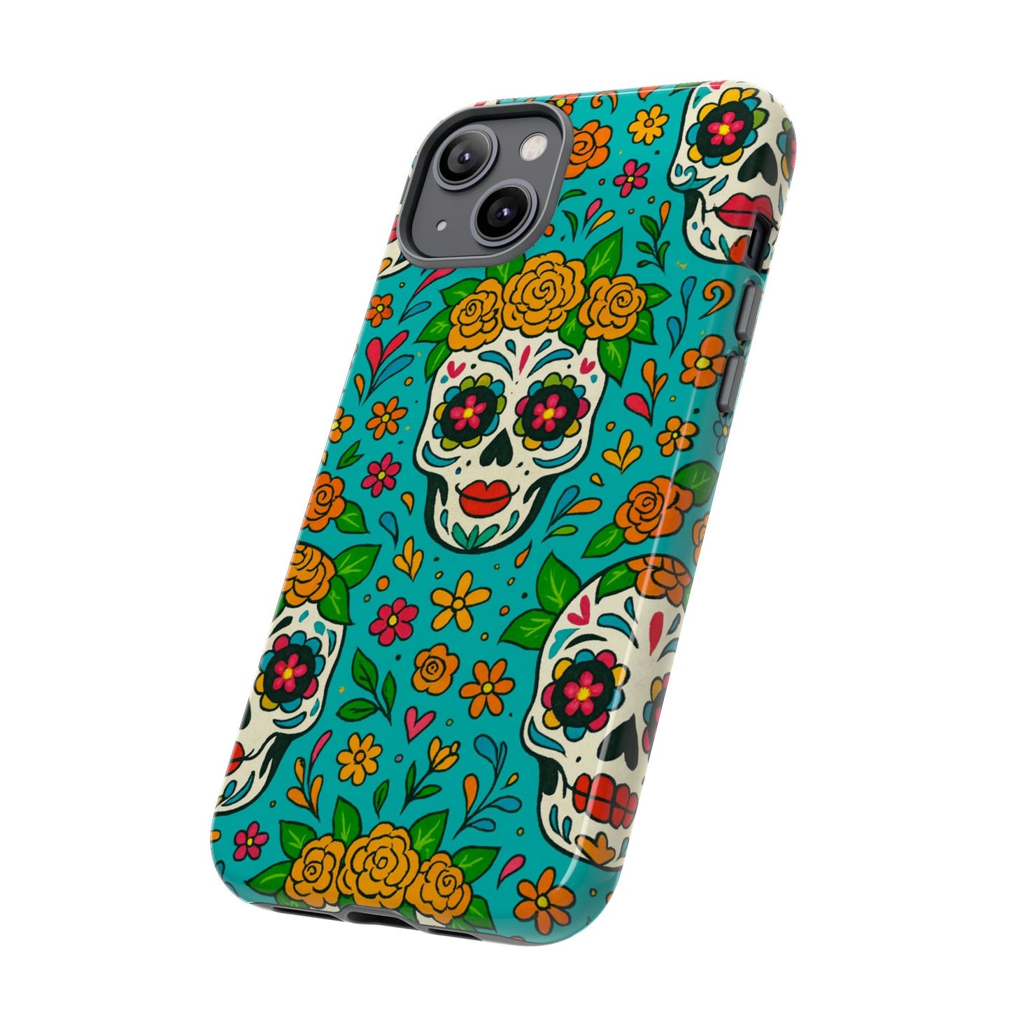 Teal Mexican Style Phone Cases With Floral Skulls - Dia De Los Muertos