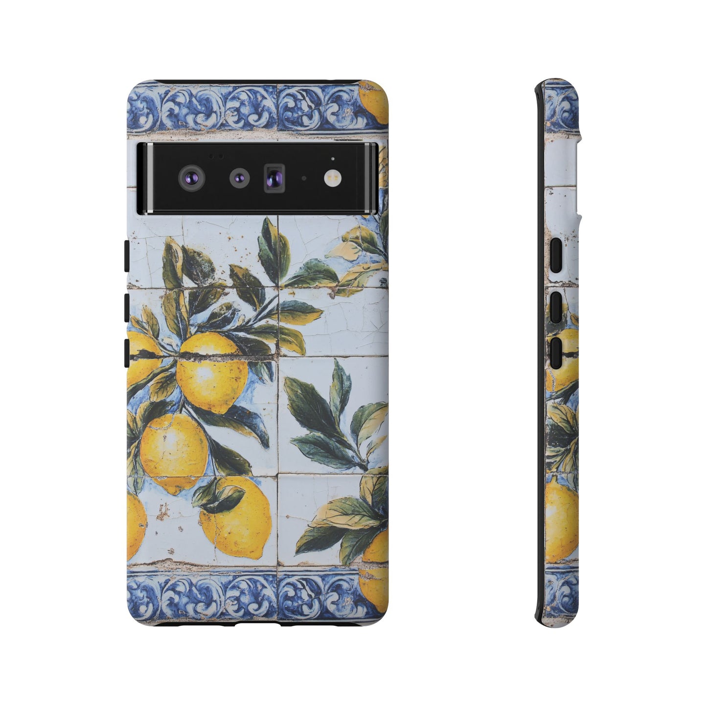 Phone Case, Coastal Tough Case With Lemons in Distressed Ceramic Tile Design, Protective Cover, Summer Accessory, Mediterranean Style iPhone