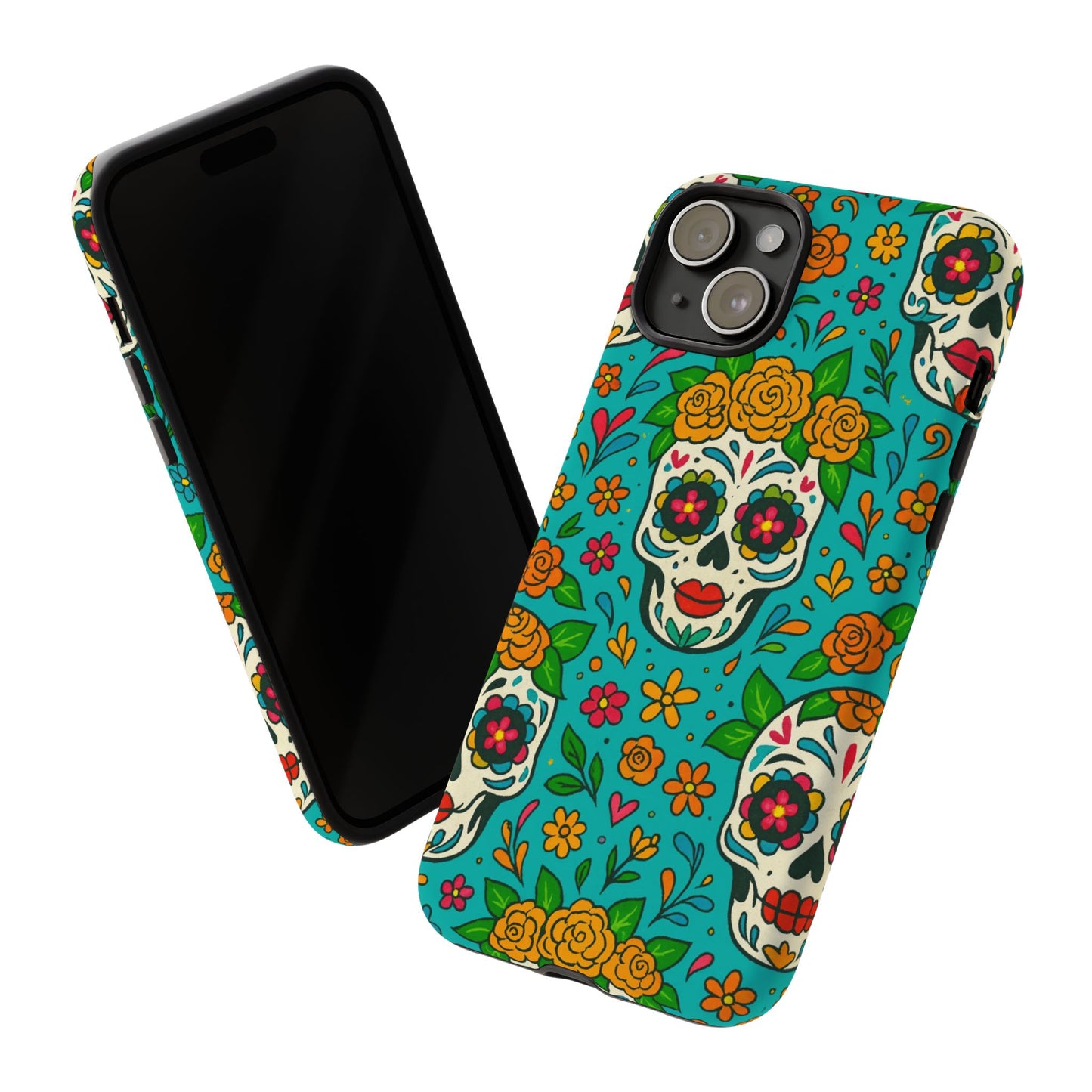 Teal Mexican Style Phone Cases With Floral Skulls - Dia De Los Muertos
