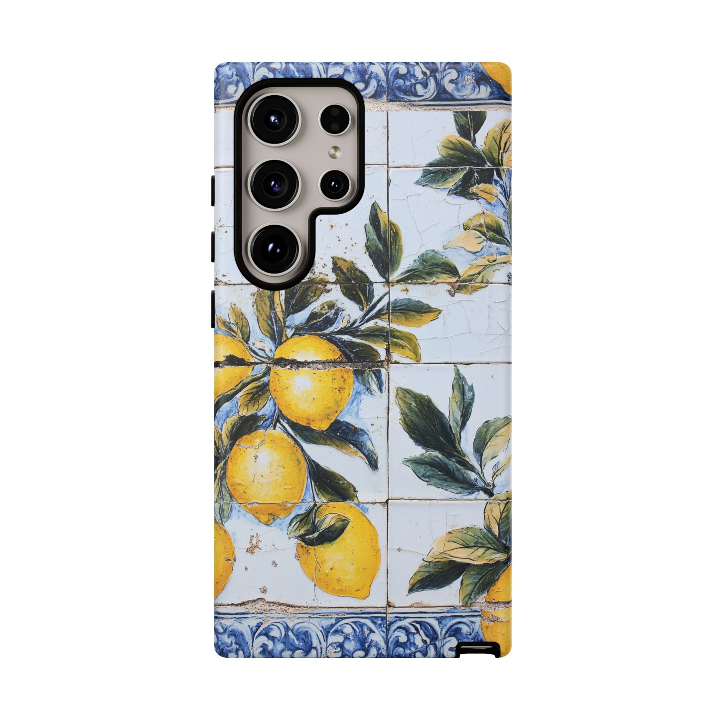 Phone Case, Coastal Tough Case With Lemons in Distressed Ceramic Tile Design, Protective Cover, Summer Accessory, Mediterranean Style iPhone