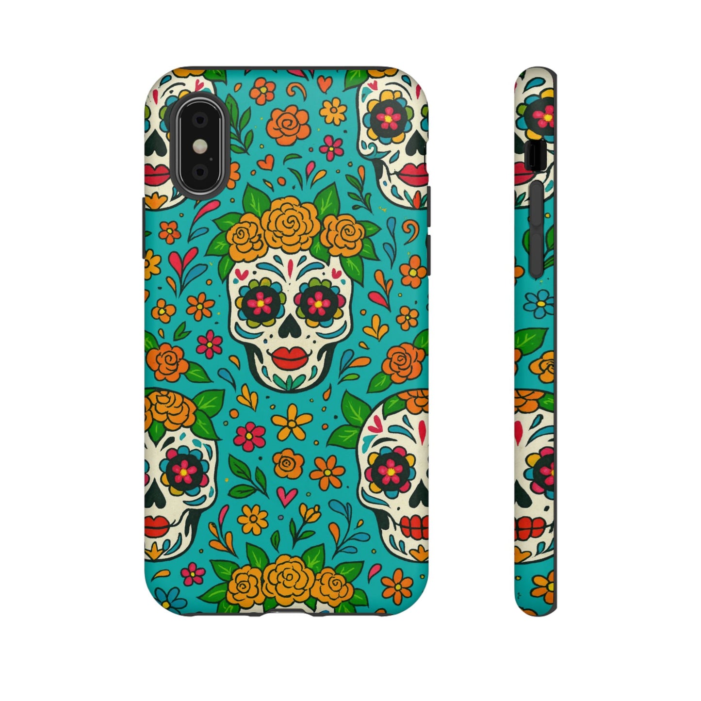 Teal Mexican Style Phone Cases With Floral Skulls - Dia De Los Muertos