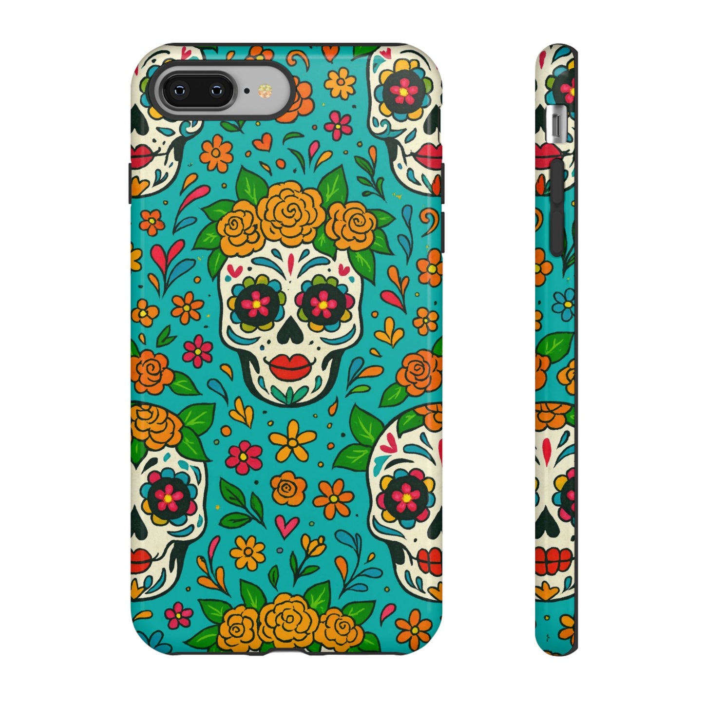 Teal Mexican Style Phone Cases With Floral Skulls - Dia De Los Muertos