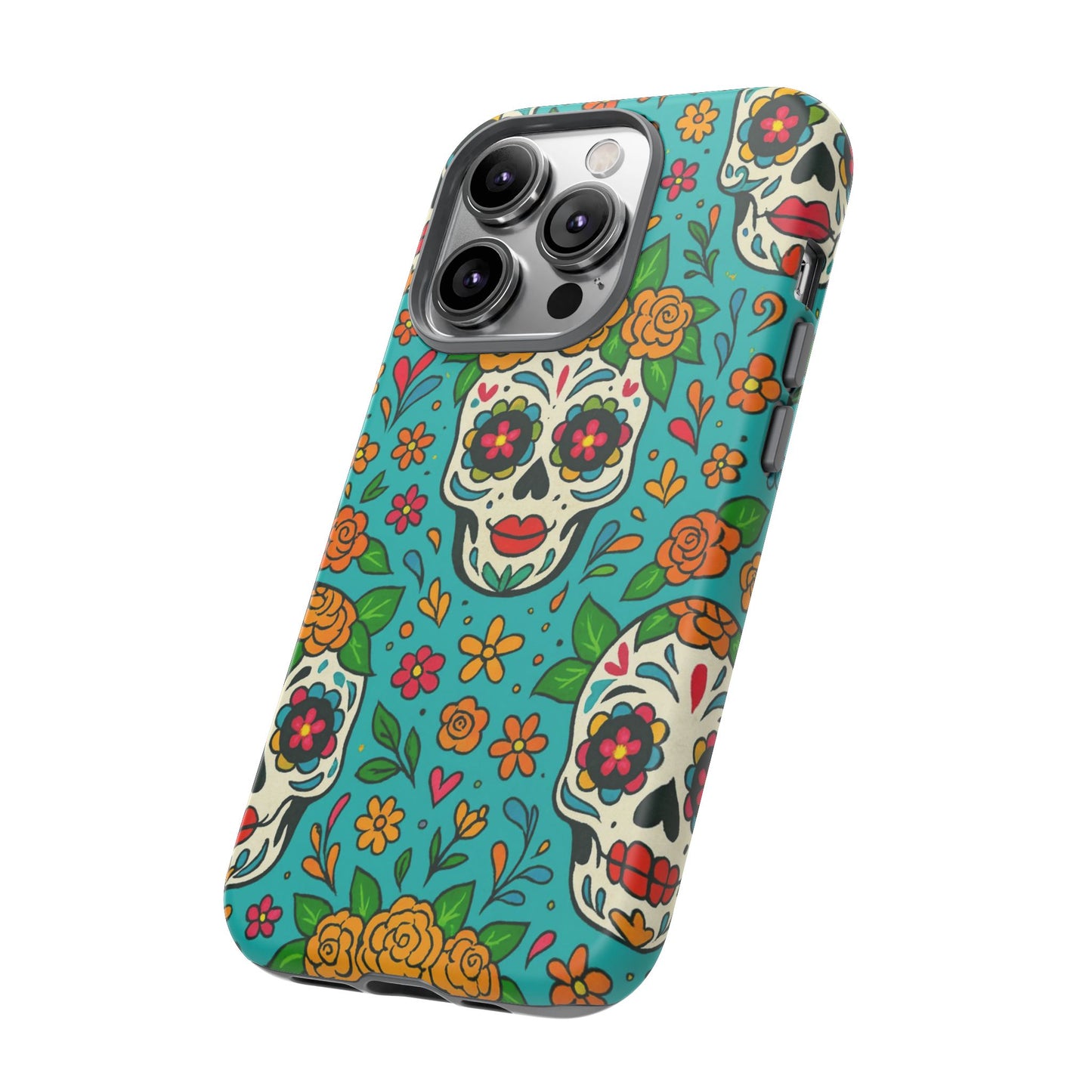 Teal Mexican Style Phone Cases With Floral Skulls - Dia De Los Muertos