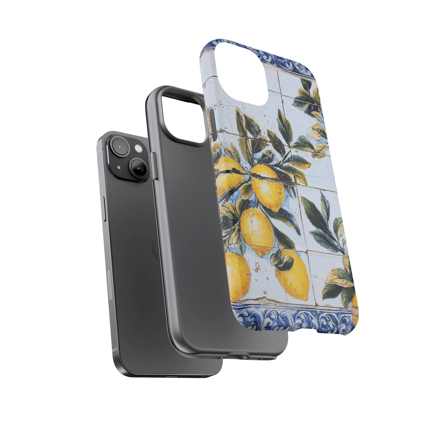 Phone Case, Coastal Tough Case With Lemons in Distressed Ceramic Tile Design, Protective Cover, Summer Accessory, Mediterranean Style iPhone