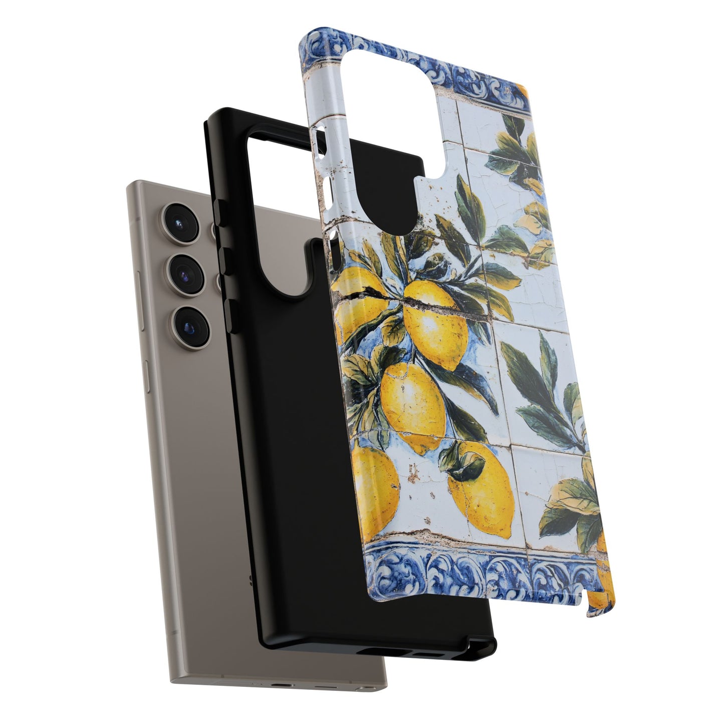 Phone Case, Coastal Tough Case With Lemons in Distressed Ceramic Tile Design, Protective Cover, Summer Accessory, Mediterranean Style iPhone