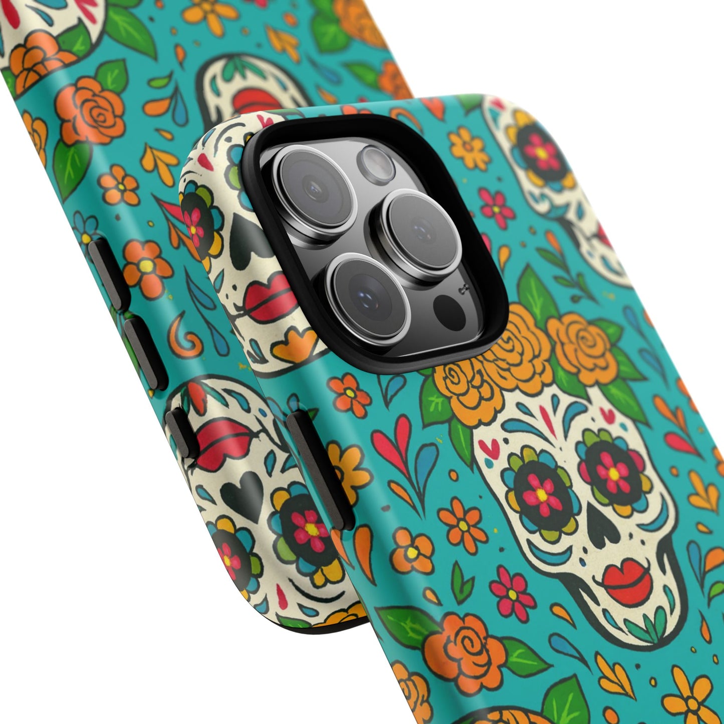 Teal Mexican Style Phone Cases With Floral Skulls - Dia De Los Muertos