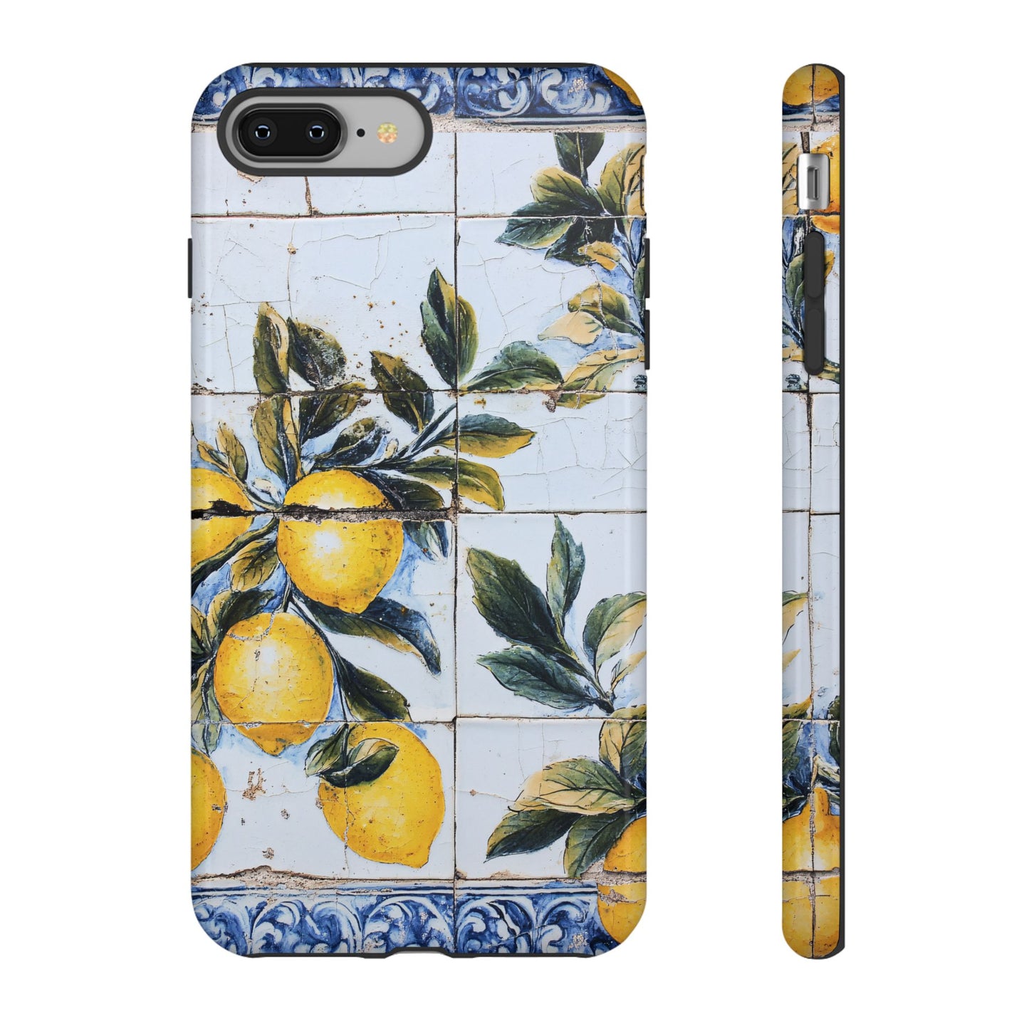 Phone Case, Coastal Tough Case With Lemons in Distressed Ceramic Tile Design, Protective Cover, Summer Accessory, Mediterranean Style iPhone