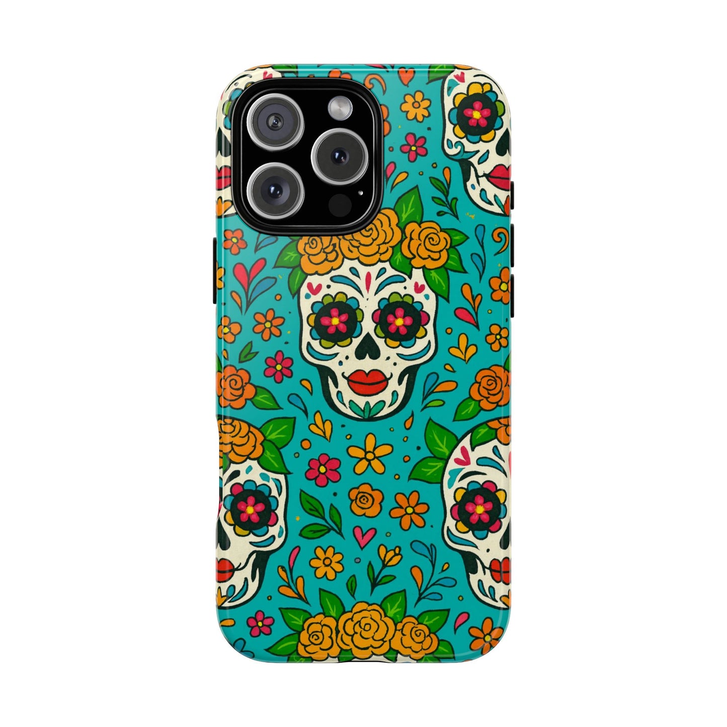 Teal Mexican Style Phone Cases With Floral Skulls - Dia De Los Muertos