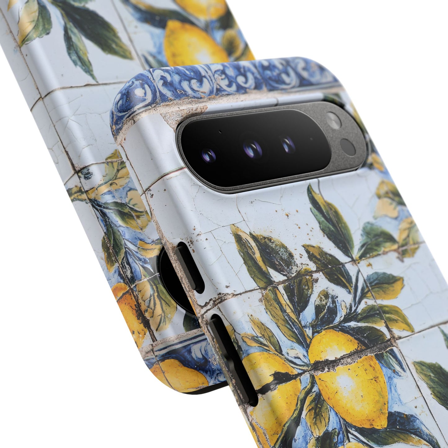 Phone Case, Coastal Tough Case With Lemons in Distressed Ceramic Tile Design, Protective Cover, Summer Accessory, Mediterranean Style iPhone