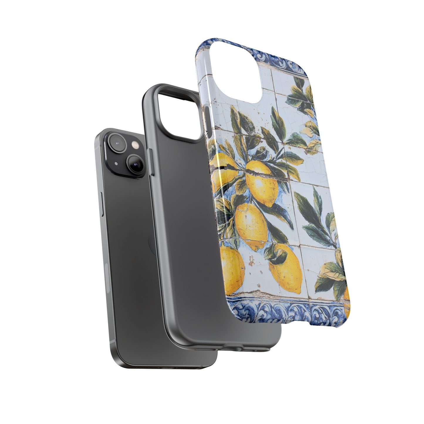 Phone Case, Coastal Tough Case With Lemons in Distressed Ceramic Tile Design, Protective Cover, Summer Accessory, Mediterranean Style iPhone