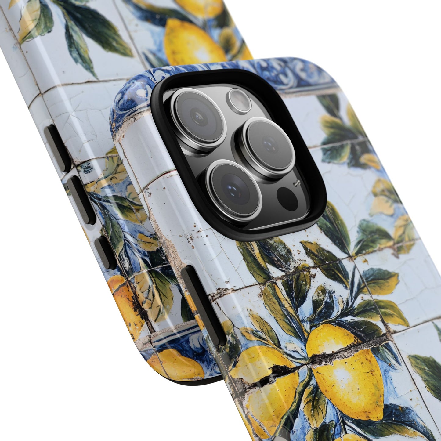 Phone Case, Coastal Tough Case With Lemons in Distressed Ceramic Tile Design, Protective Cover, Summer Accessory, Mediterranean Style iPhone