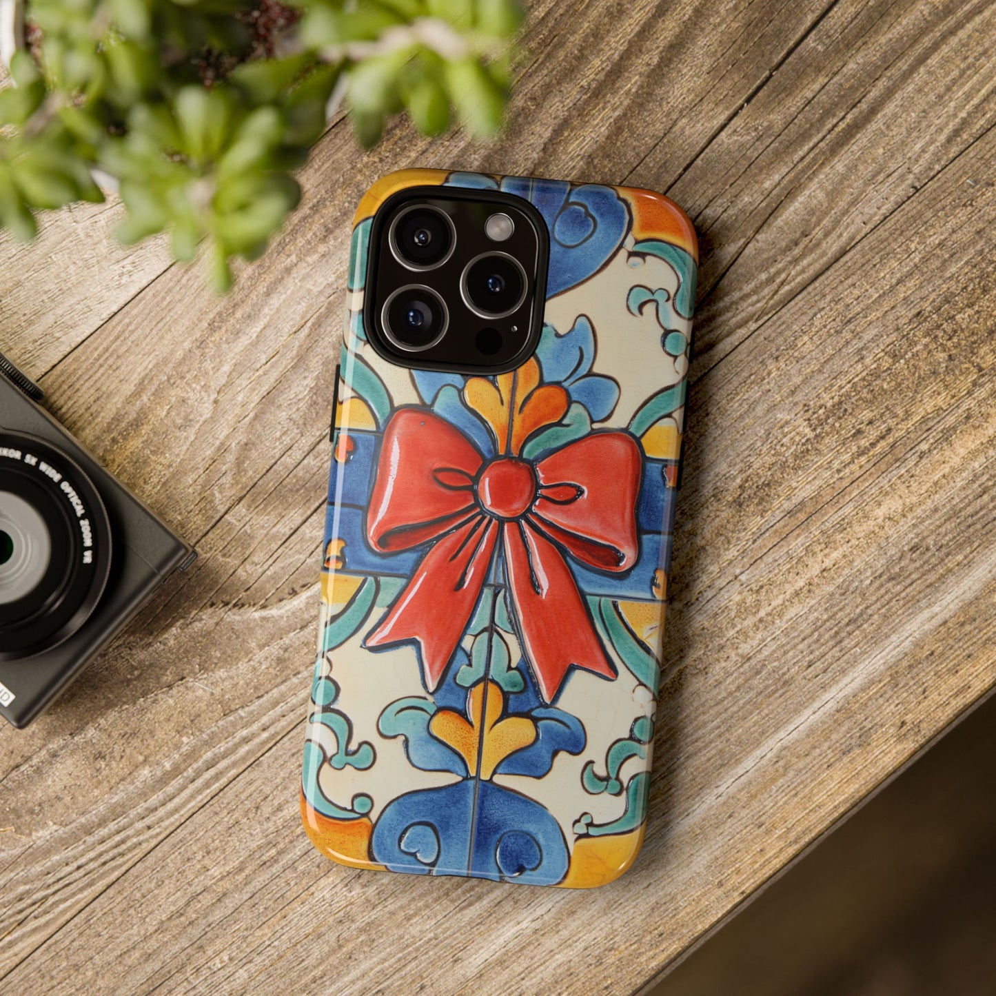 Colourful Ceramic Tile Design Phone Case With Red Bow