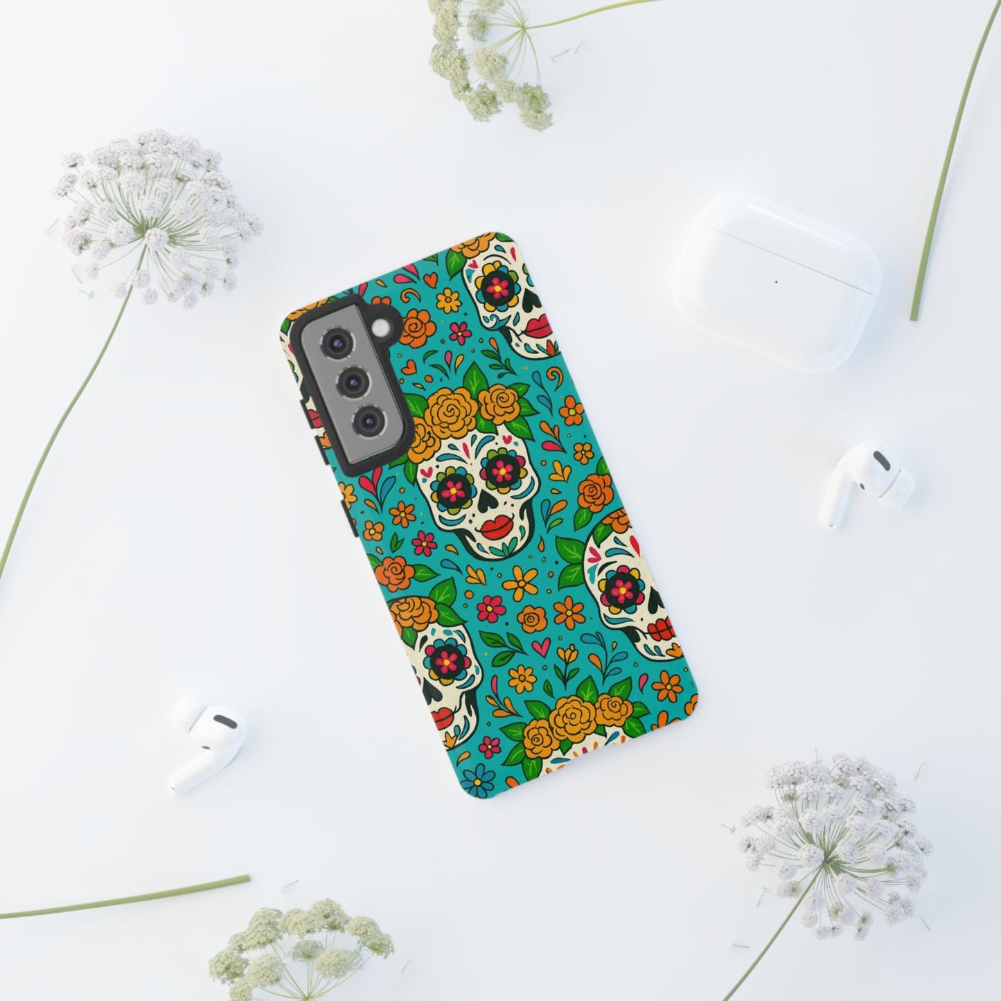 Teal Mexican Style Phone Cases With Floral Skulls - Dia De Los Muertos