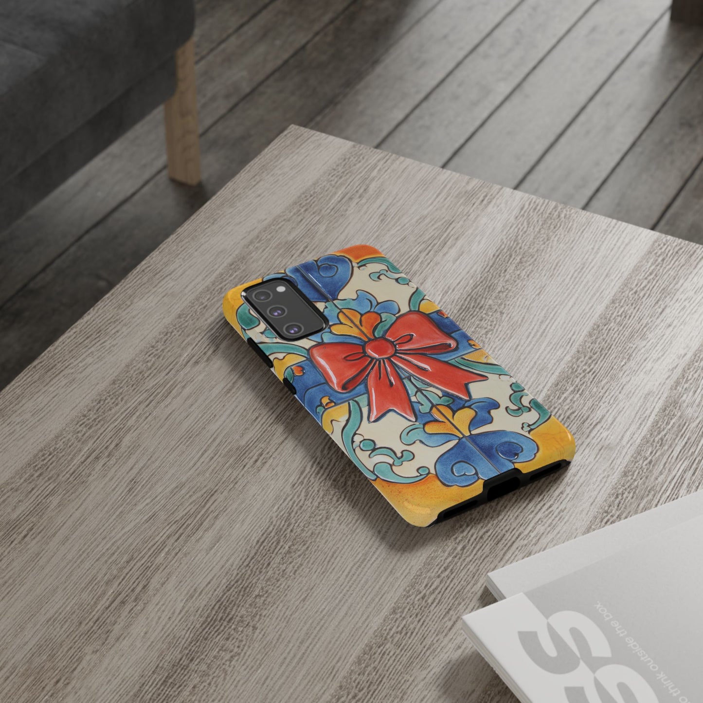 Colourful Ceramic Tile Design Phone Case With Red Bow
