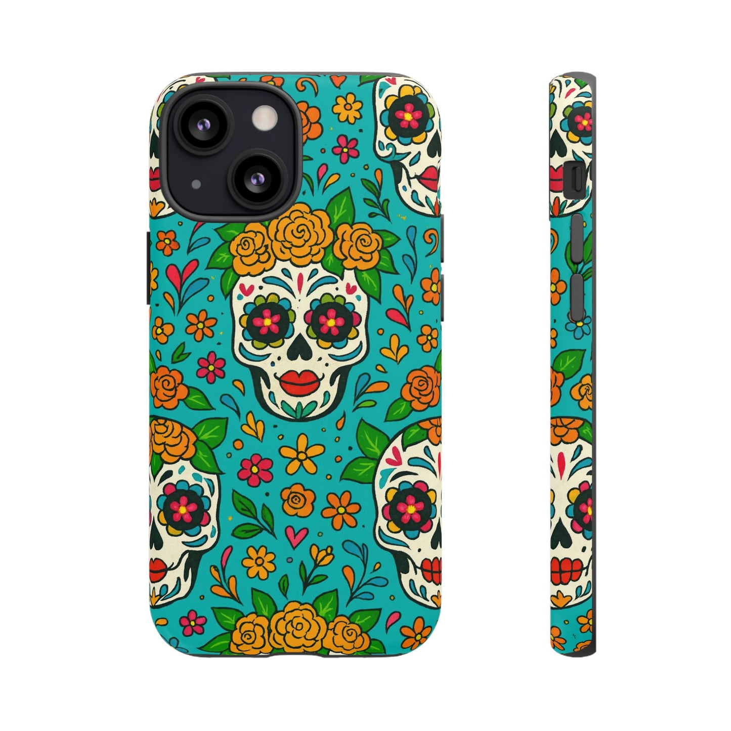 Teal Mexican Style Phone Cases With Floral Skulls - Dia De Los Muertos