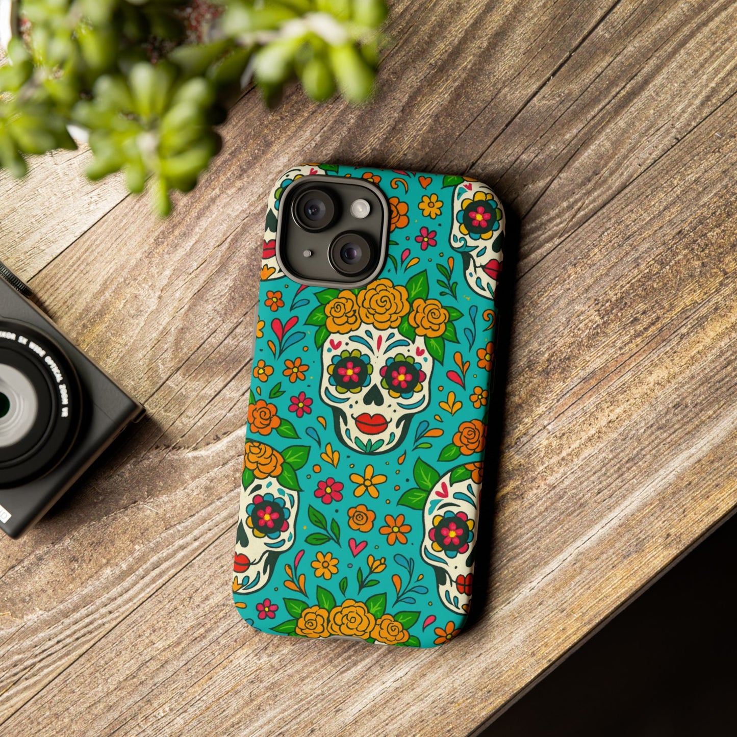 Teal Mexican Style Phone Cases With Floral Skulls - Dia De Los Muertos