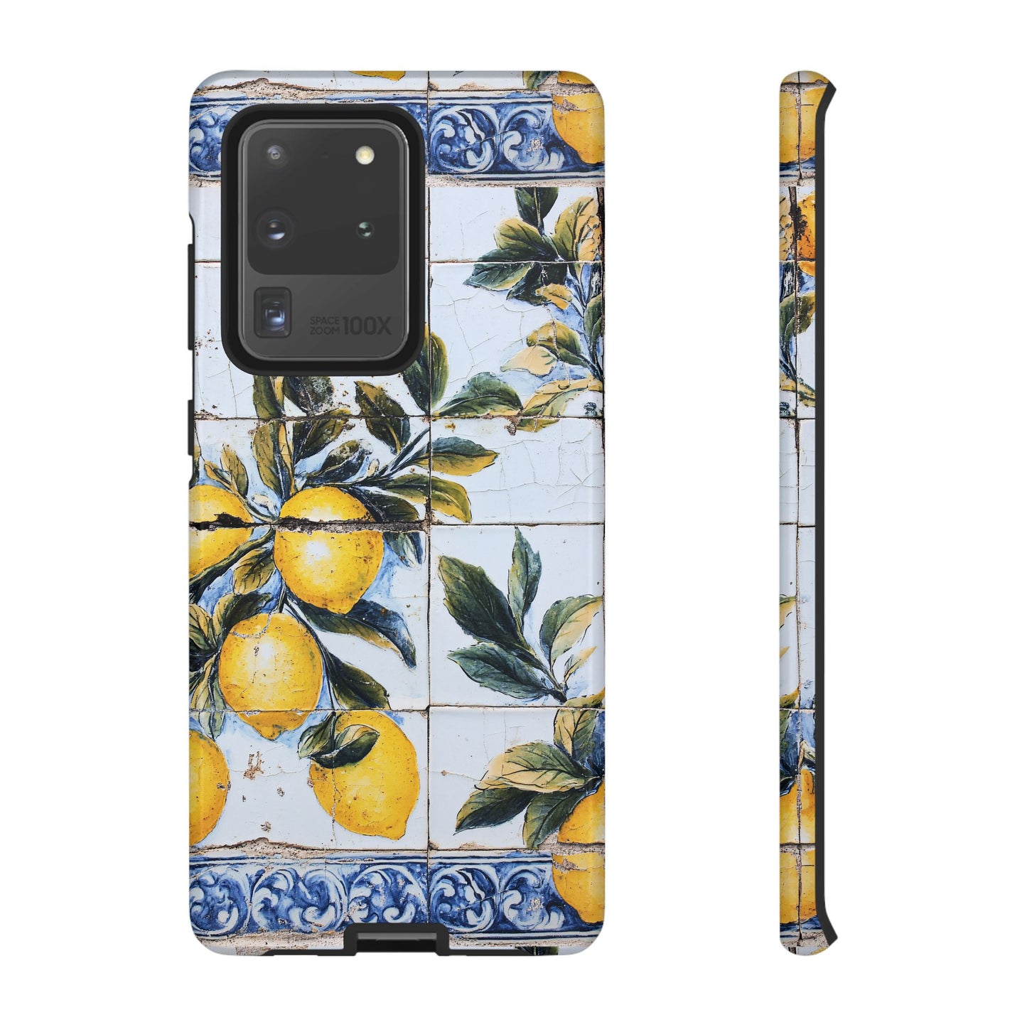 Phone Case, Coastal Tough Case With Lemons in Distressed Ceramic Tile Design, Protective Cover, Summer Accessory, Mediterranean Style iPhone