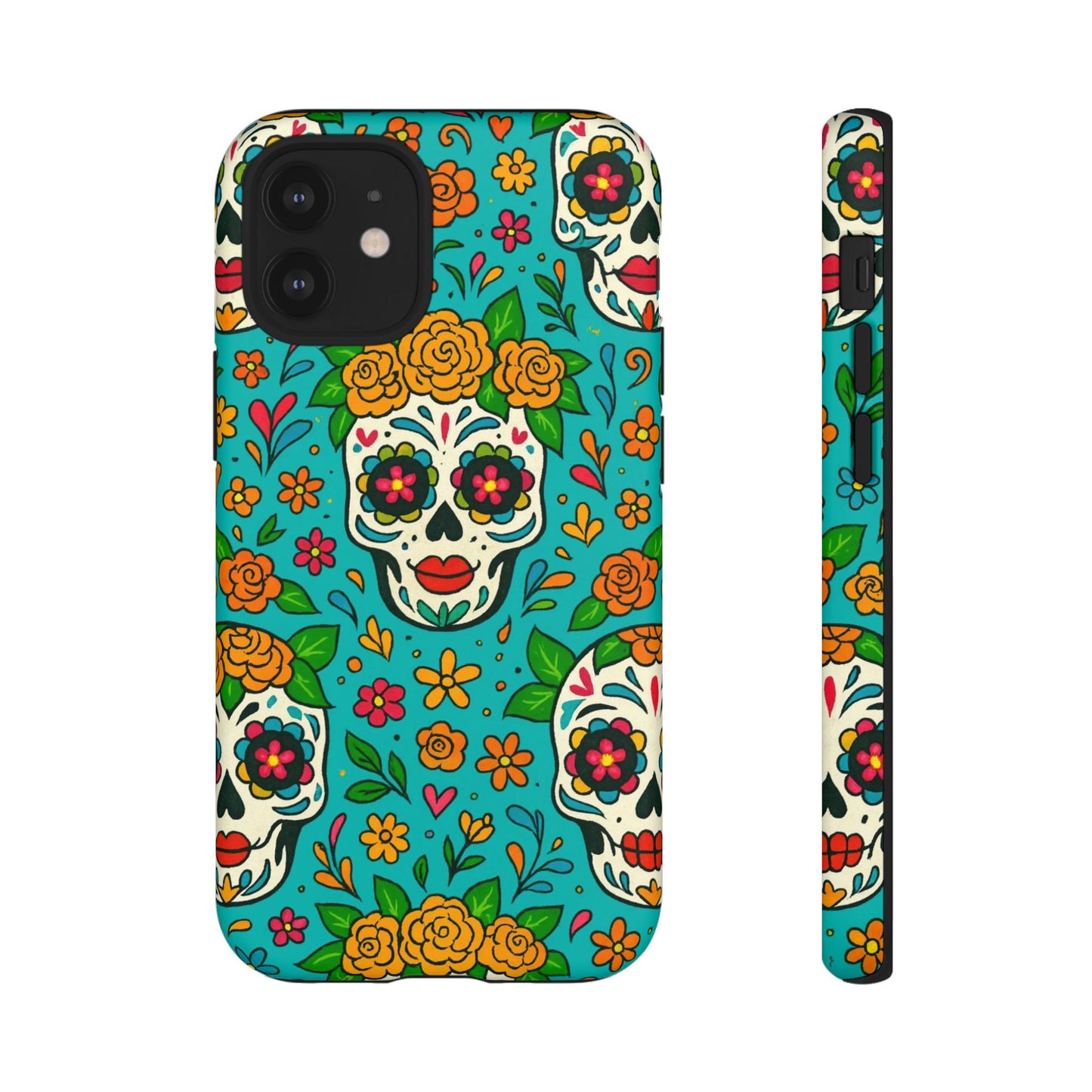 Teal Mexican Style Phone Cases With Floral Skulls - Dia De Los Muertos
