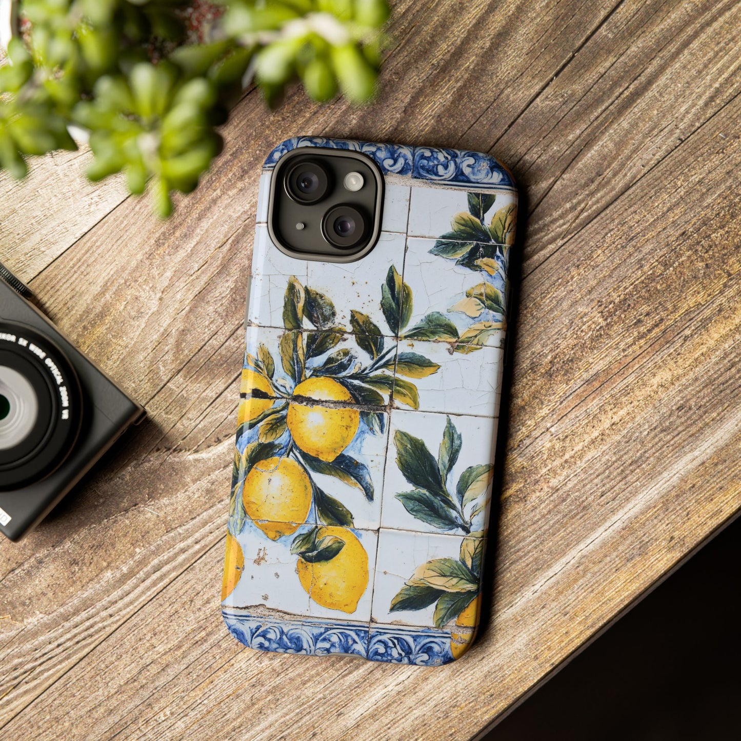 Phone Case, Coastal Tough Case With Lemons in Distressed Ceramic Tile Design, Protective Cover, Summer Accessory, Mediterranean Style iPhone