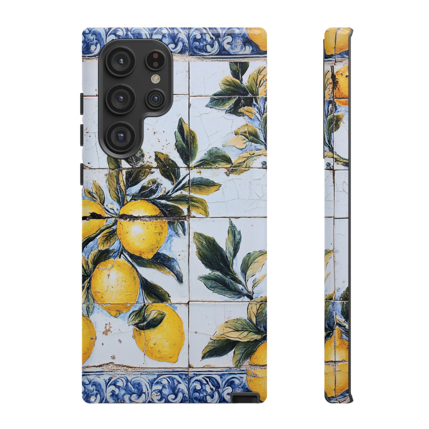 Phone Case, Coastal Tough Case With Lemons in Distressed Ceramic Tile Design, Protective Cover, Summer Accessory, Mediterranean Style iPhone