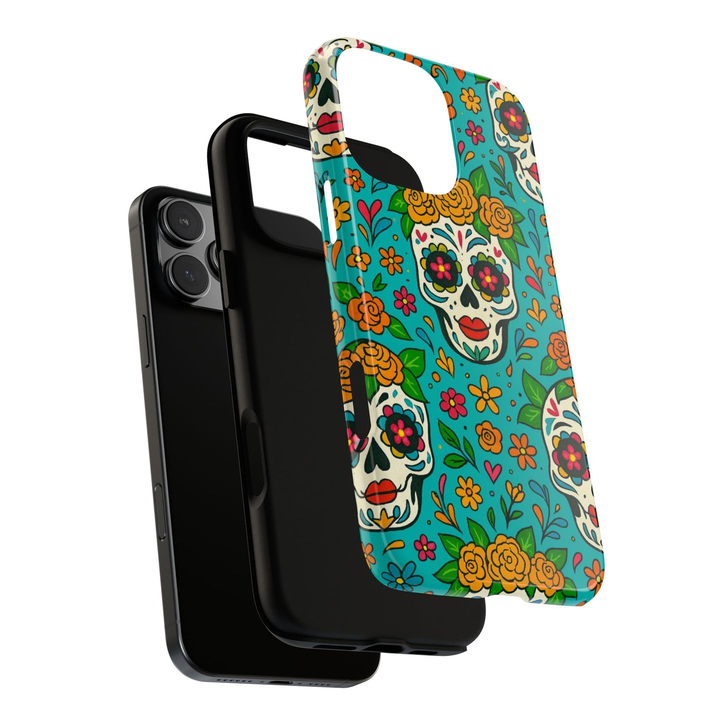 Teal Mexican Style Phone Cases With Floral Skulls - Dia De Los Muertos