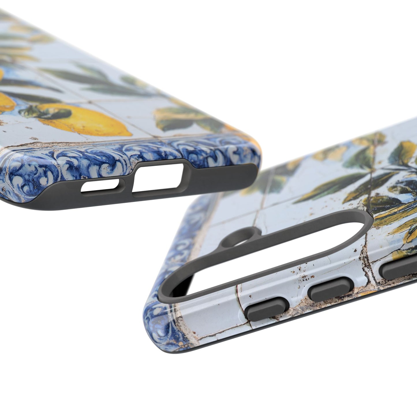 Phone Case, Coastal Tough Case With Lemons in Distressed Ceramic Tile Design, Protective Cover, Summer Accessory, Mediterranean Style iPhone