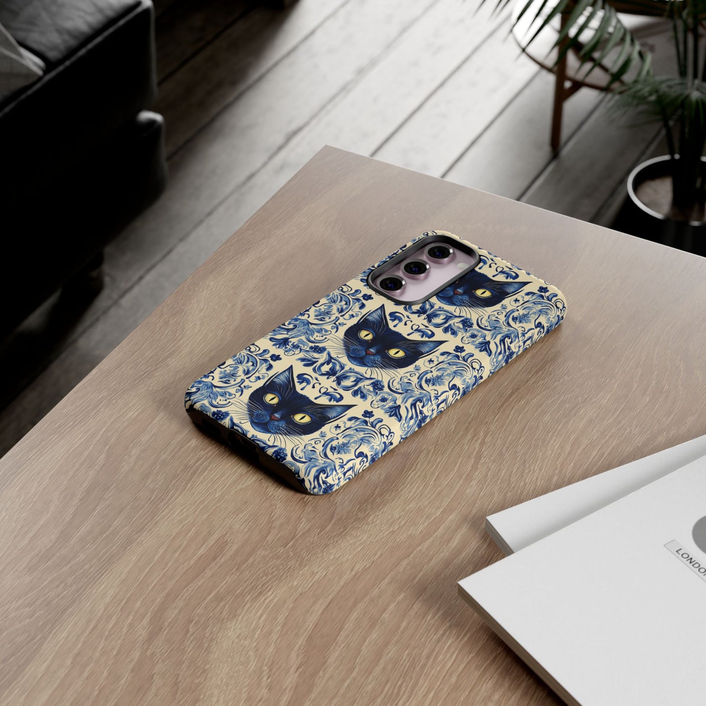 Tough Phone Case - Mediterranean Tile Motif With Blue Cats