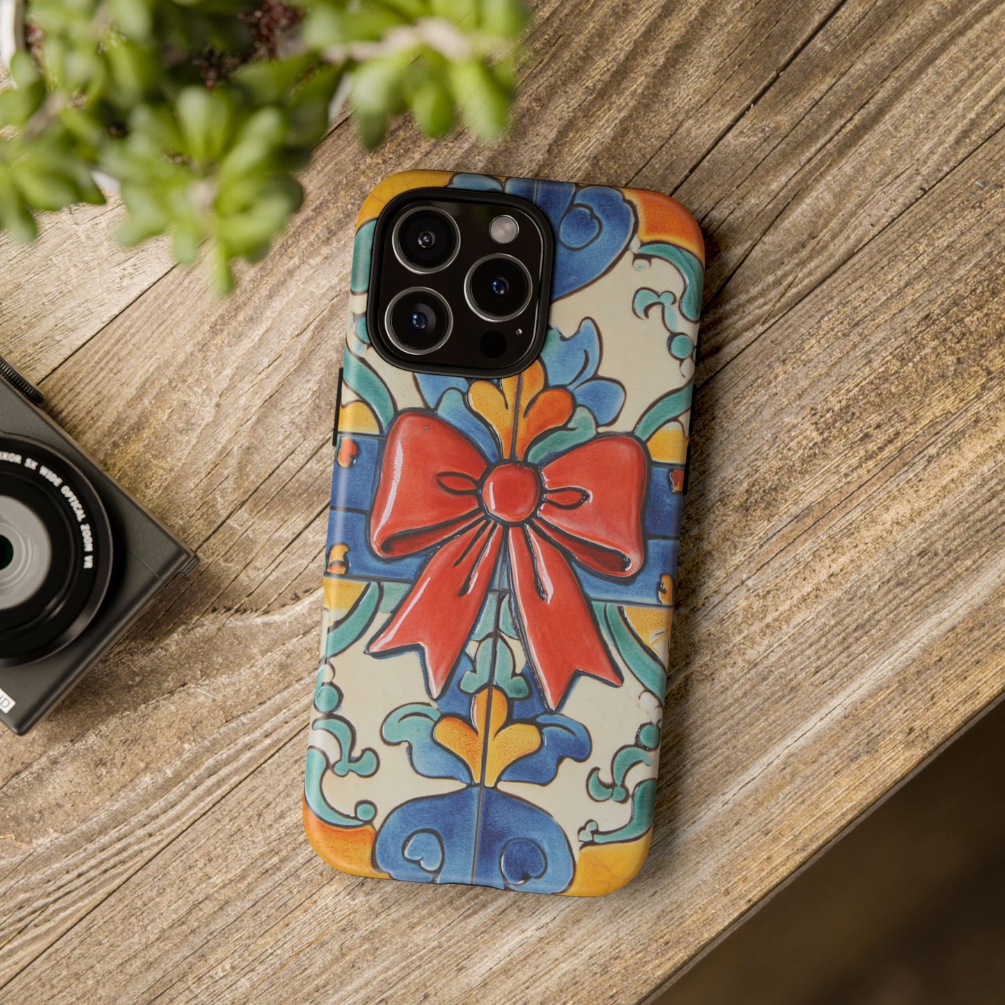 Colourful Ceramic Tile Design Phone Case With Red Bow