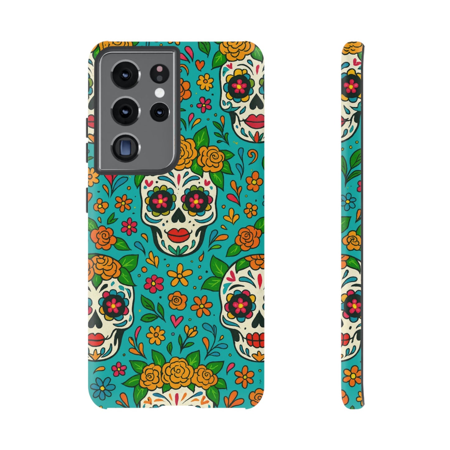 Teal Mexican Style Phone Cases With Floral Skulls - Dia De Los Muertos
