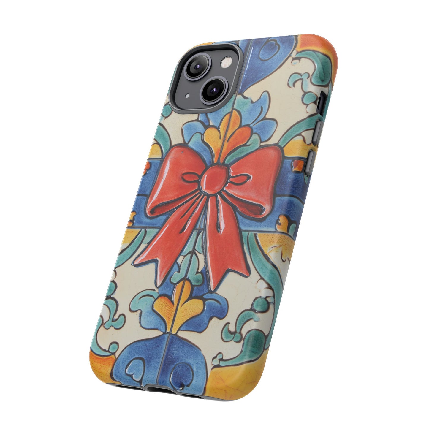 Colourful Ceramic Tile Design Phone Case With Red Bow