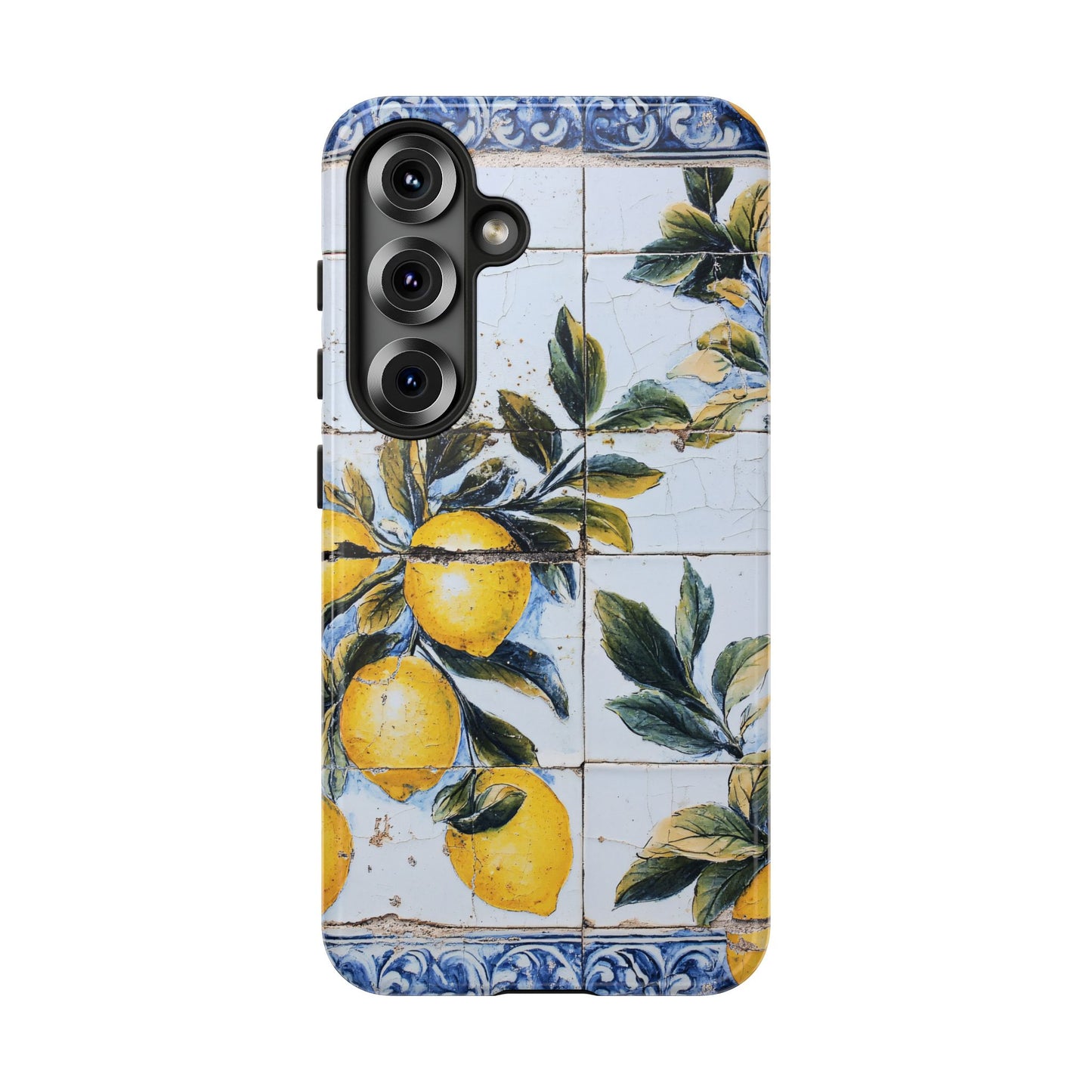 Phone Case, Coastal Tough Case With Lemons in Distressed Ceramic Tile Design, Protective Cover, Summer Accessory, Mediterranean Style iPhone