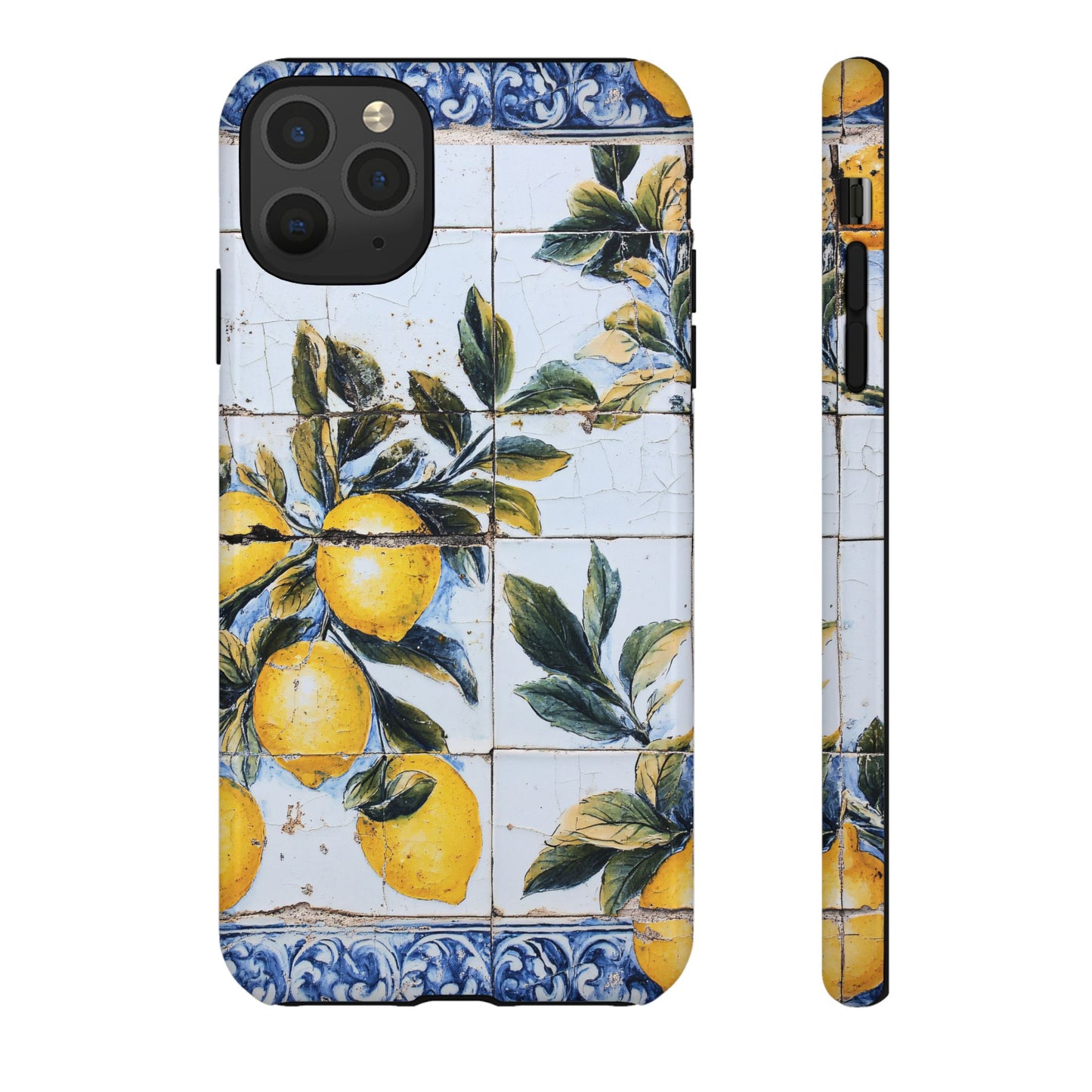Phone Case, Coastal Tough Case With Lemons in Distressed Ceramic Tile Design, Protective Cover, Summer Accessory, Mediterranean Style iPhone