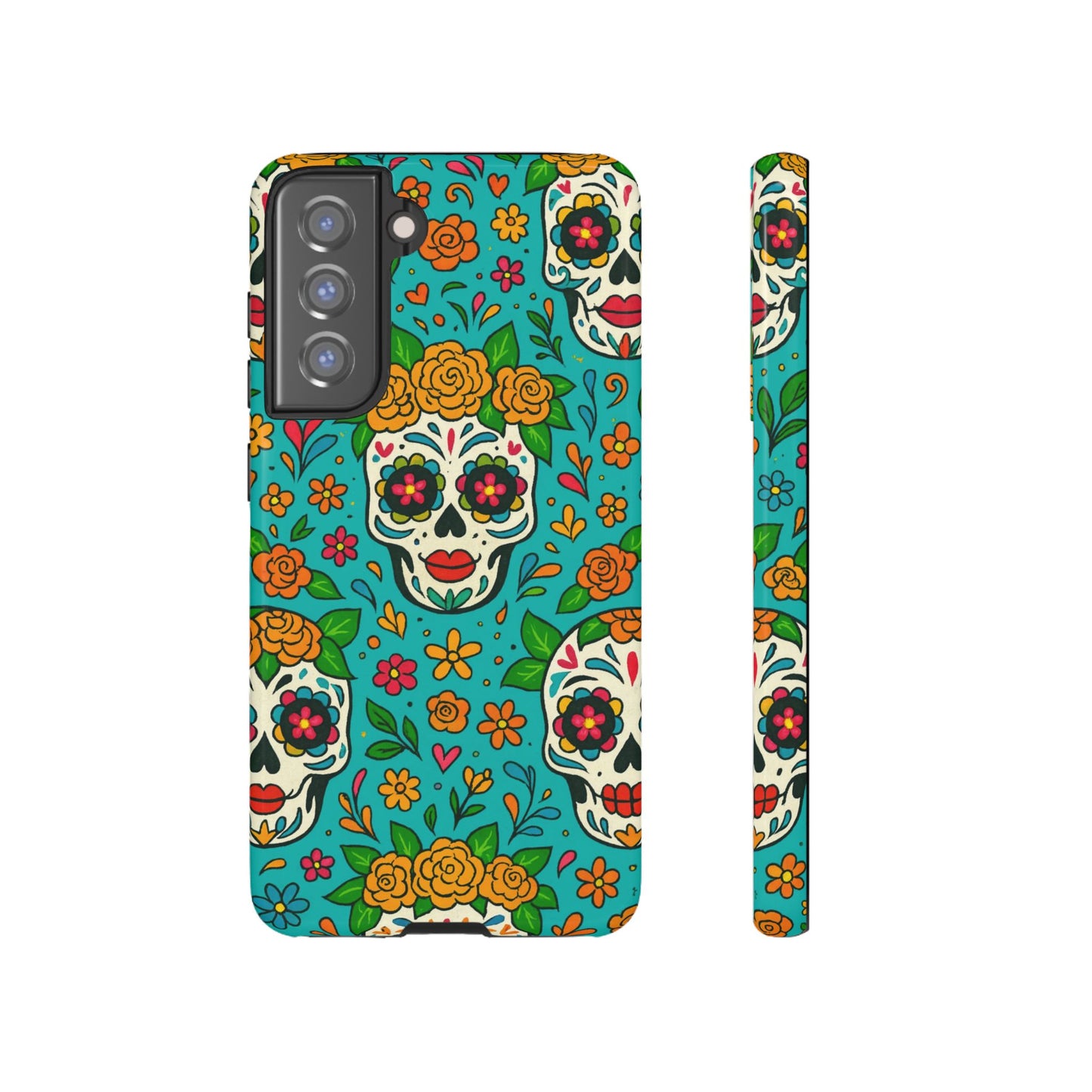 Teal Mexican Style Phone Cases With Floral Skulls - Dia De Los Muertos